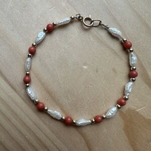 Artisan Bracelet 6.25 Inch 14k Gold Baroque Fresh Water Pearl Coral Beads 2.0g